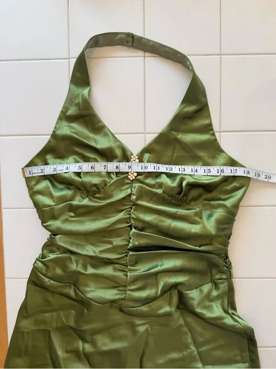 Vintage 90s Satin Slip Green Prom Dress Halter Rouched Maxi Gown Size 13/14 - Picture 14 of 17
